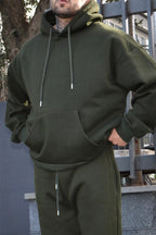 Erkek Oversize 3 İ̇plik Pamuklu Şardonlu Kanguru Cep Kapşonlu Kalın Hoodie Sweatshirt - Haki - 2