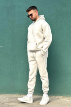 Unisex Pamuklu 3 İplik Kalın Eşofman Takımı - Beyaz - 2
