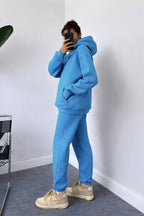 Kadın Oversize Trend Model Kanguru Cep Kapşonlu Sweatshirt Eşofman Takımı - Turkuaz - 4