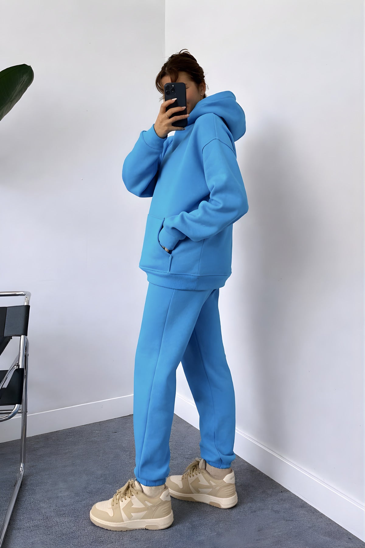Kadın Oversize Trend Model Kanguru Cep Kapşonlu Sweatshirt Eşofman Takımı - Turkuaz - 4