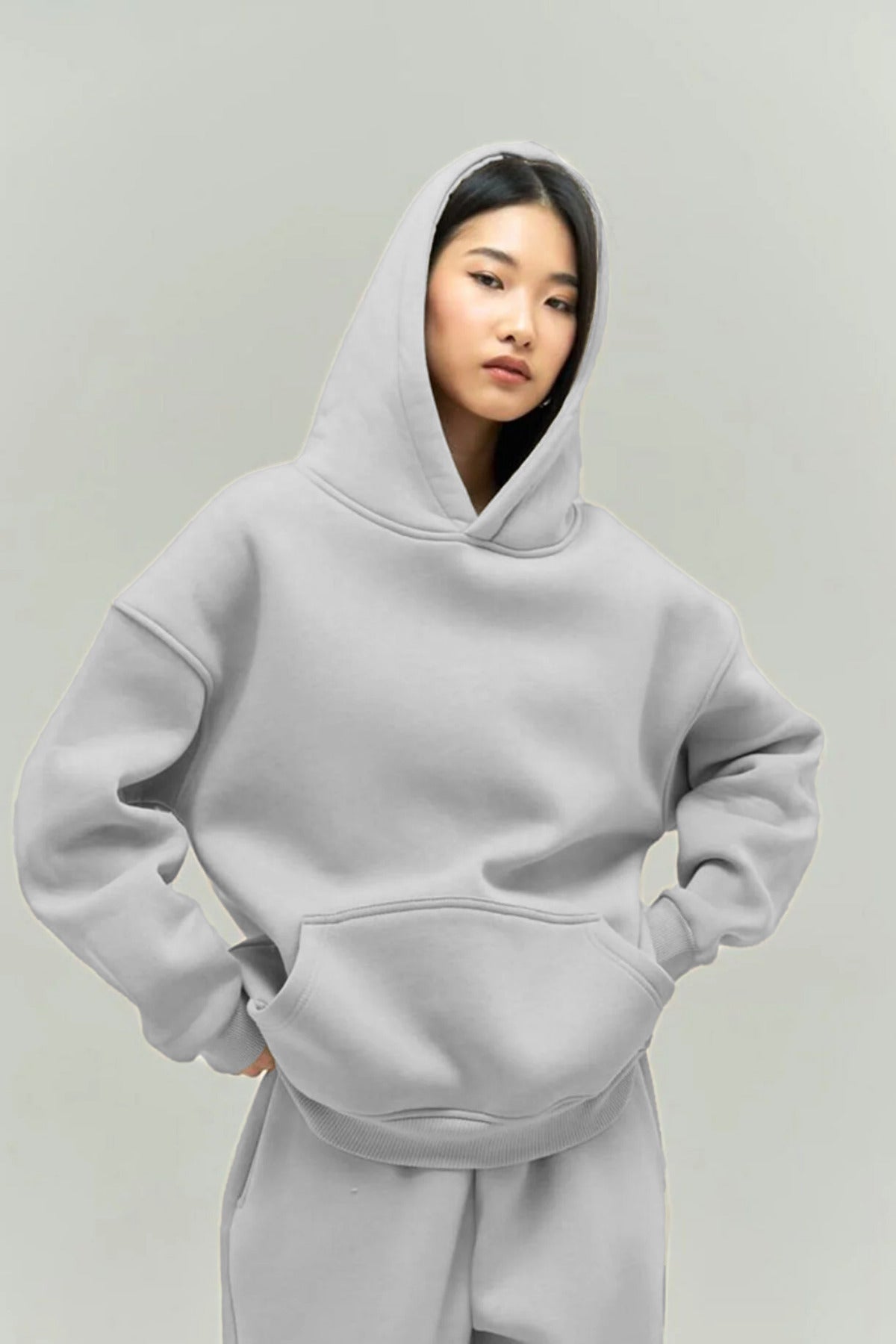 Kadın Rahat Oversize 3 İ̇plik Pamuklu Şardonlu Kanguru Cep Kapşonlu Sweatshirt - Gri Melanj - 4