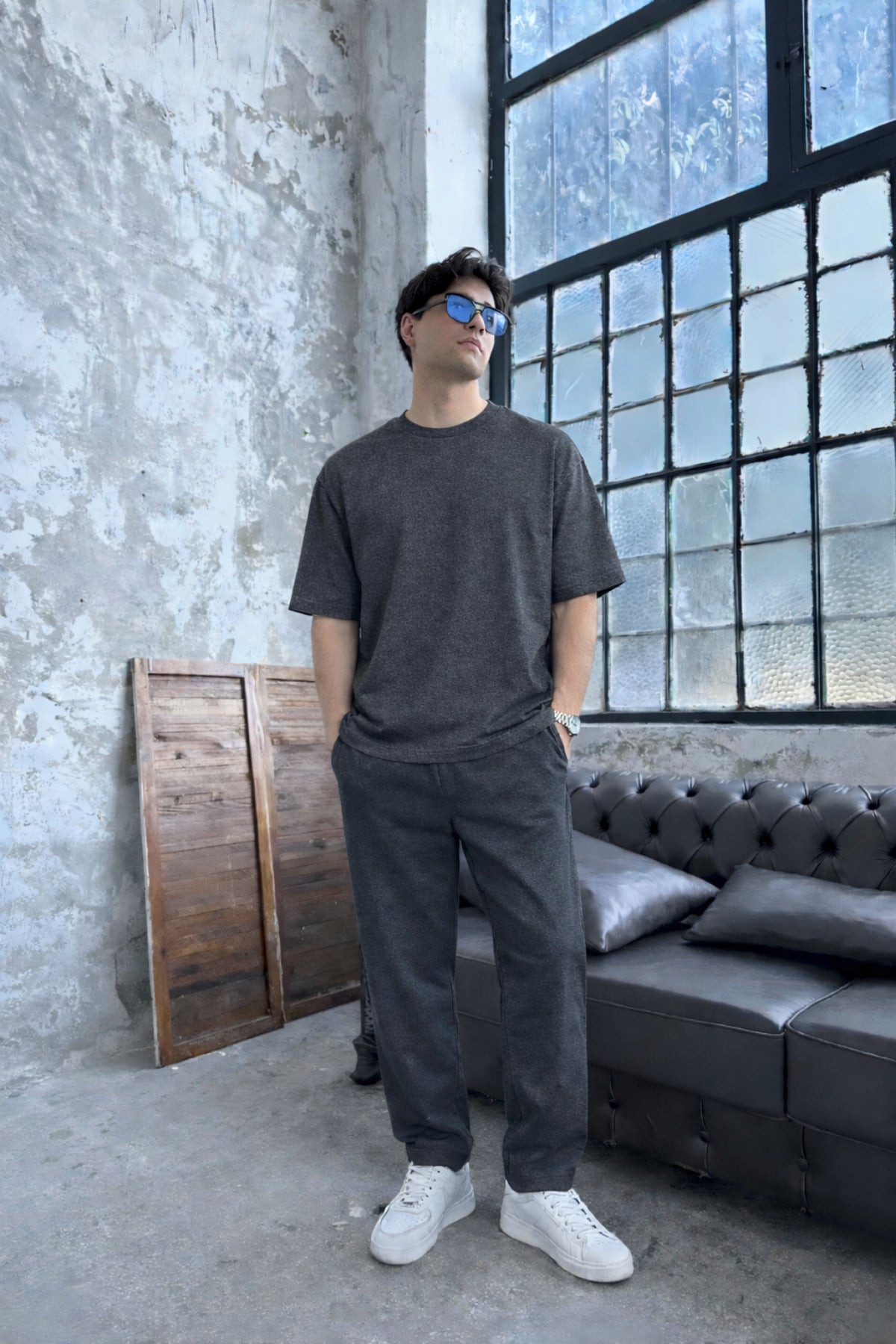 Erkek Kisa Kollu Oversize Bisiklet Yaka Rahat Kesi̇m Beli̇ Bağlamali Eşofman Takimi - Antasit Melanj - 1