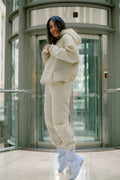 Kadın 3 İ̇plik İ̇çi Puf Rahat Kalın Kapşonlu Kaliteli Eşofman Takımı - Bej - 1