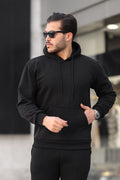 Erkek Bol Kesim Oversize 3 İ̇plik İ̇çi Pamuklu Şardonlu Kanguru Cep Kapşonlu Kışlık Hoodie Sweatshirt - Siyah - 1