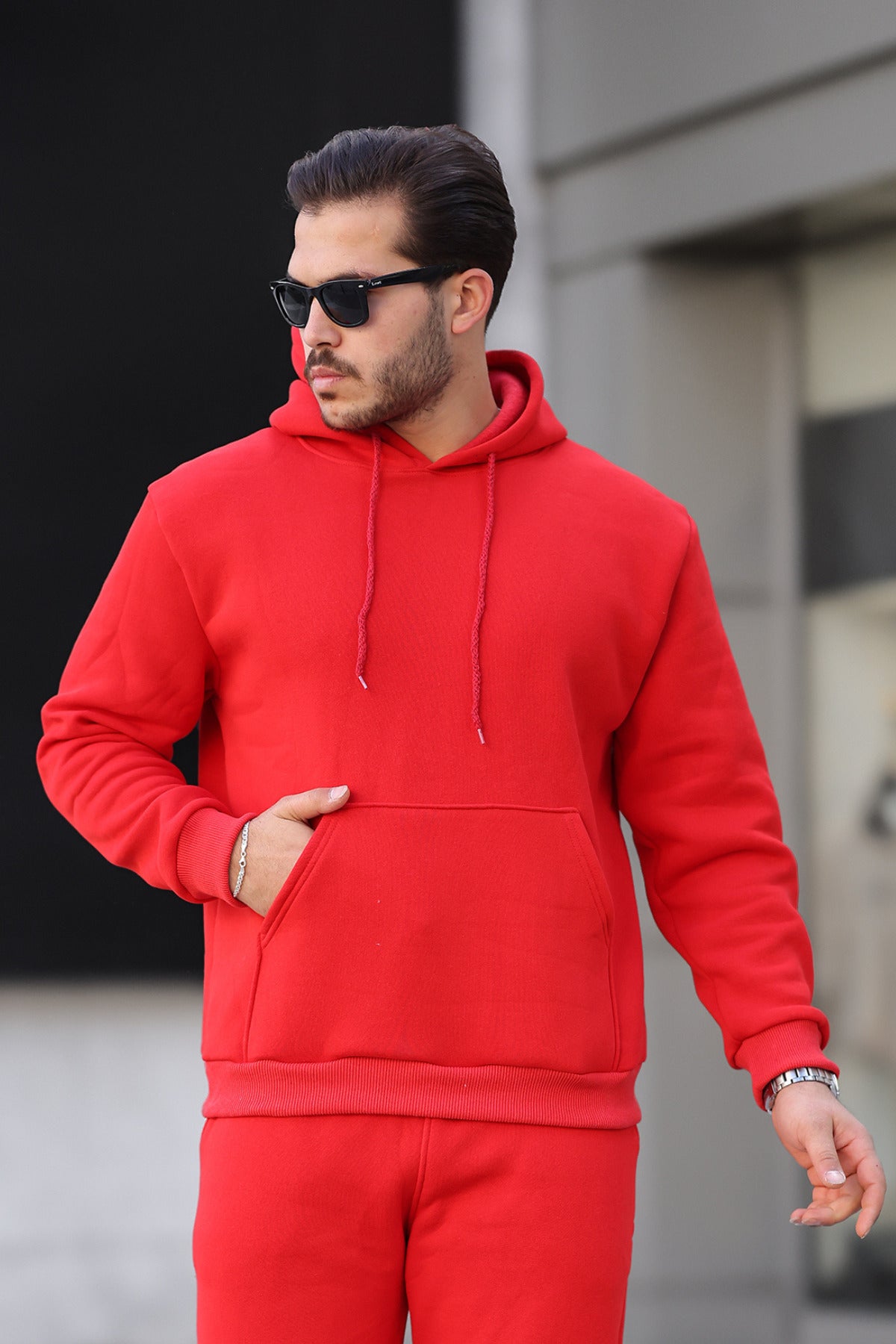 Erkek Bol Kesim Oversize 3 İ̇plik İ̇çi Pamuklu Şardonlu Kanguru Cep Kapşonlu Kışlık Hoodie Sweatshirt - Kırmızı - 1