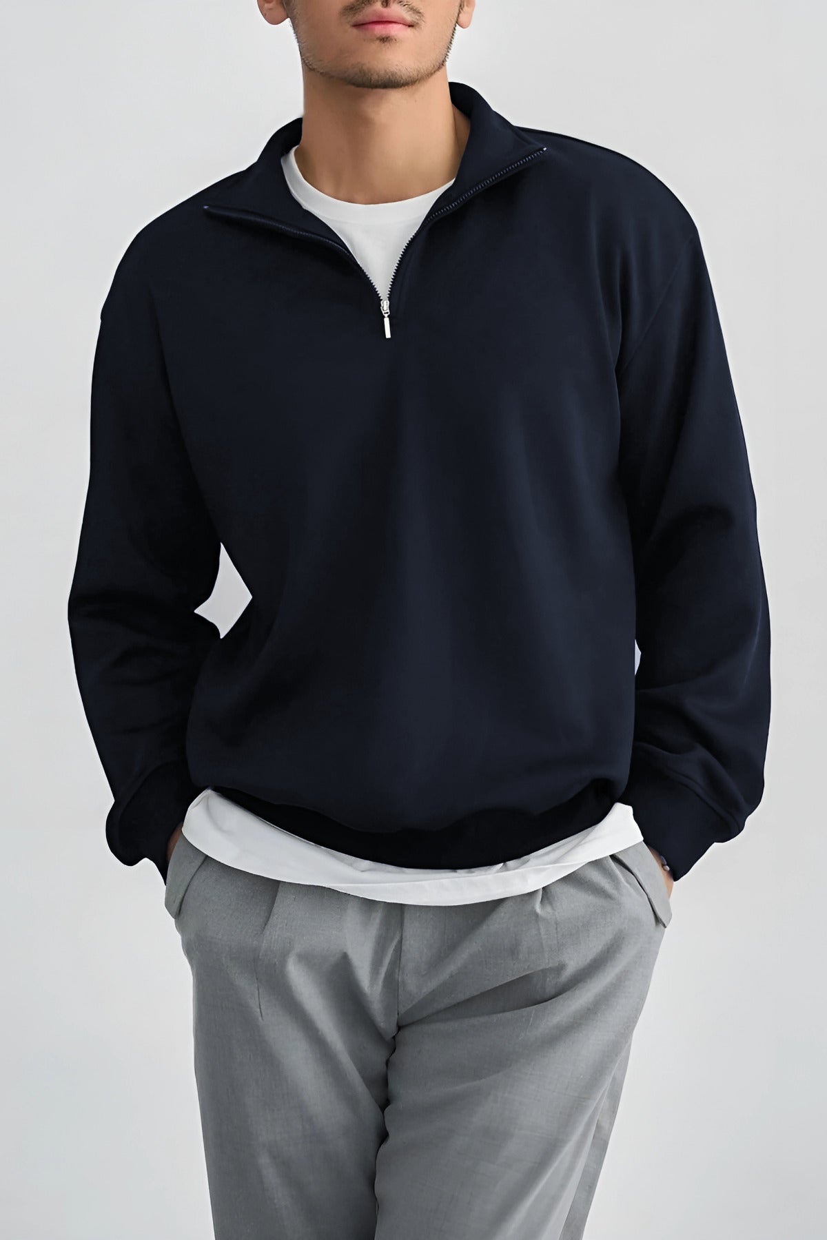 Erkek Dik Yaka Fermuarlı Sweatshirt 3 İplik Puf - Lacivert - 3