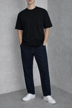 Erkek Siyah Basic Oversize Tişört Rahat Kalıp Düz Minimal Pamuklu Günlük T-shirt - Siyah - 3