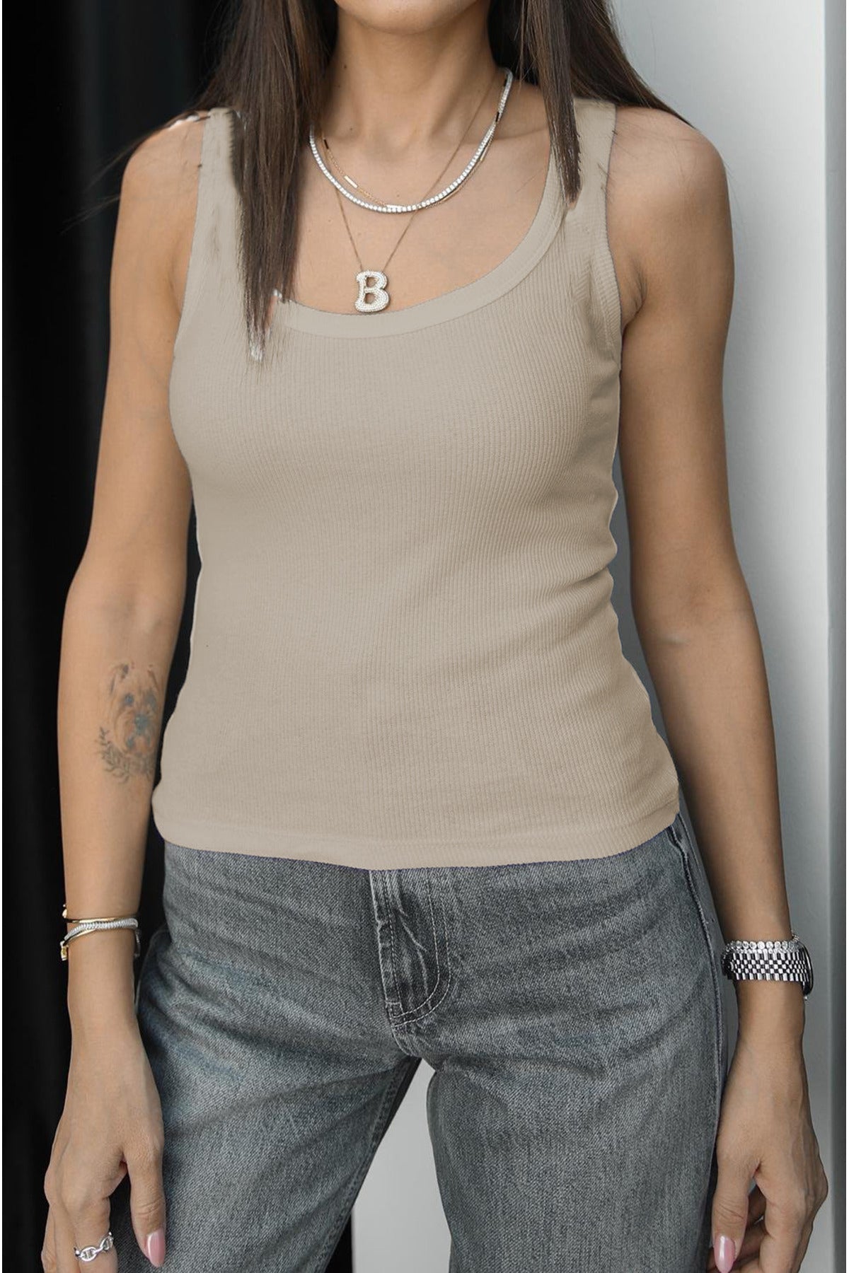 Kadin Fi̇ti̇lli̇ Esnek Kalin Askili Ti̇şört Atlet Body - Açık Bej - 4