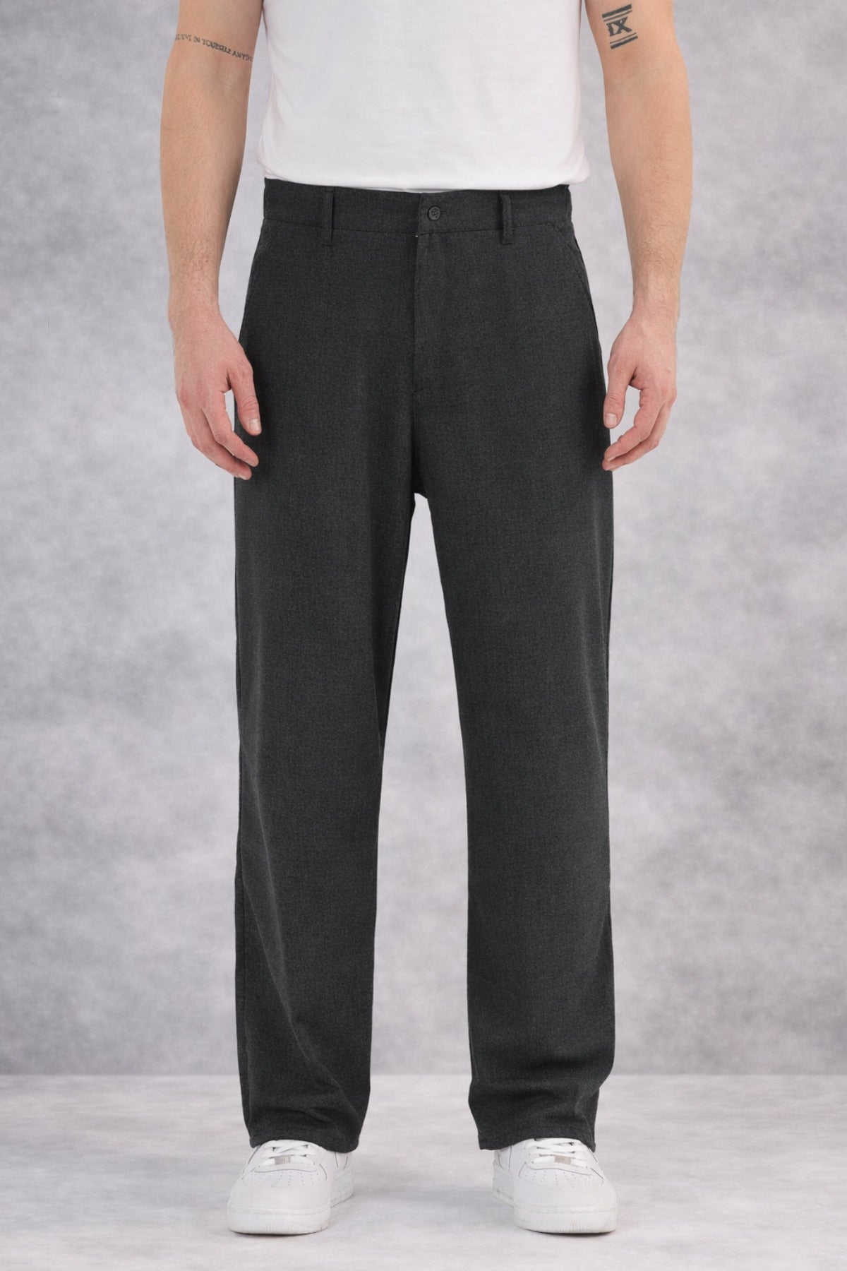 Erkek Rahat Kesim Geniş Kalıp Beli Kemerli Yan Cepli Baggy Pantolon - Füme - 1