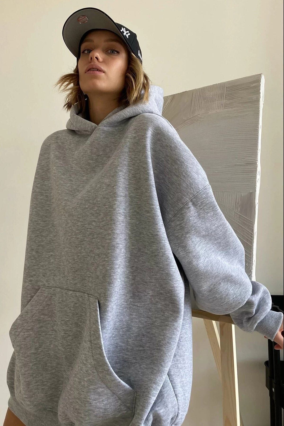 Kadın Gri Melanj Kapüşonlu Şardonlu Oversize Hoodie Sweatshirt Ob - Gri - 3