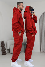 Çiftlere Özel Basic Oversize Kapşonlu Eşofman Takımı - Kırmızı - 3