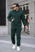 Erkek Bol Oversize 3 İ̇plik İ̇çi Pamuklu Kanguru Cep Kapşonlu Lastikli Paça Jogger Kış Eşofman Takımı - Koyu Yeşil - 1