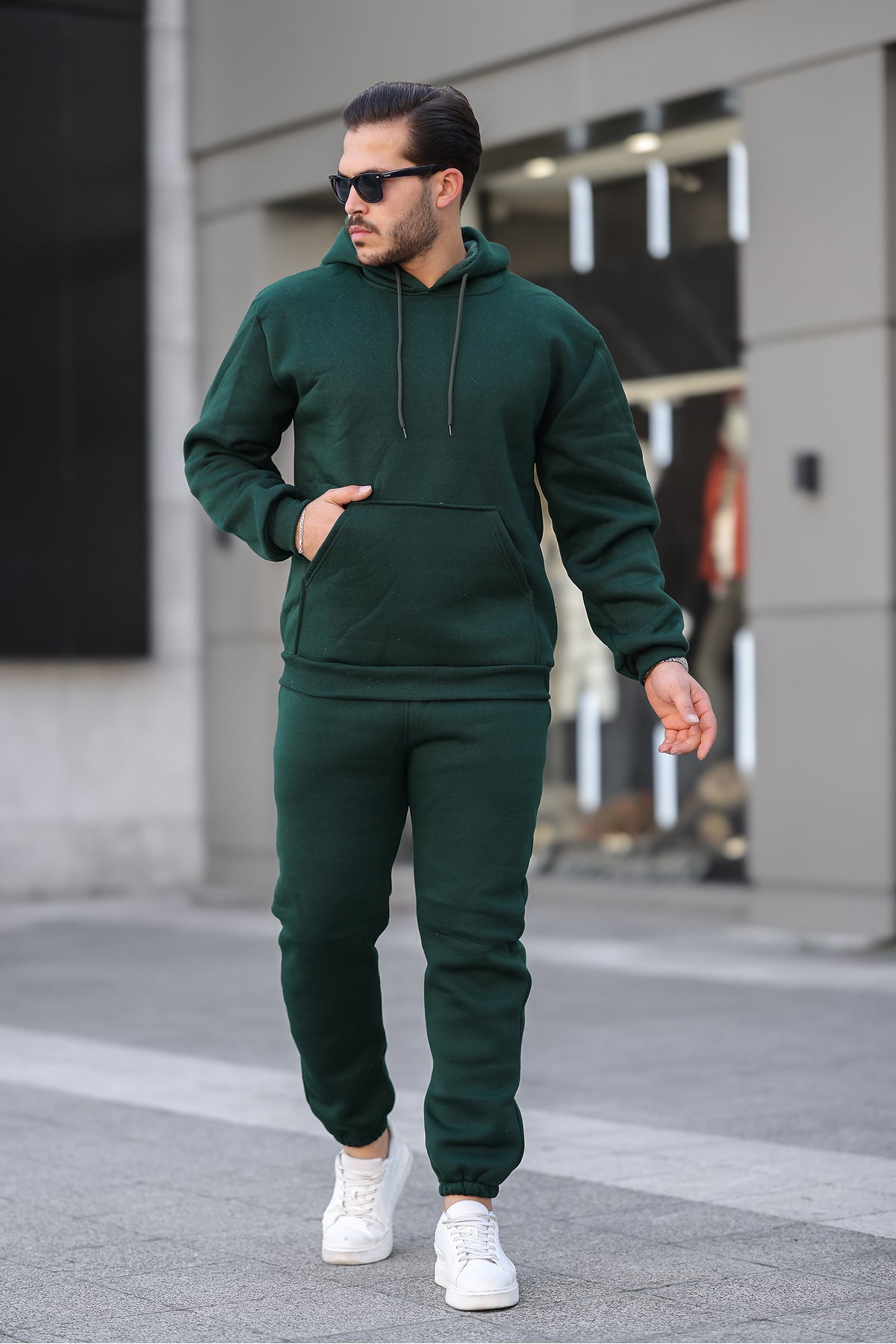 Erkek Bol Oversize 3 İ̇plik İ̇çi Pamuklu Kanguru Cep Kapşonlu Lastikli Paça Jogger Kış Eşofman Takımı - Koyu Yeşil - 1