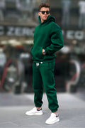 Erkek Geniş Paça Kışlık Cepli Beli Paçası Lastikli Hoodie Rahat Kesim Eşofman Takımı - Yeşil - 1
