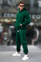 Erkek Geniş Paça Kışlık Cepli Beli Paçası Lastikli Hoodie Rahat Kesim Eşofman Takımı - Yeşil - 1