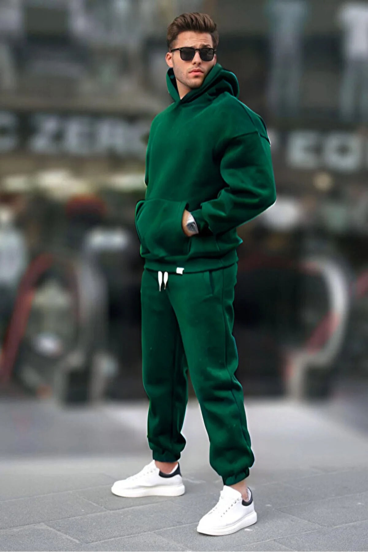 Erkek Geniş Paça Kışlık Cepli Beli Paçası Lastikli Hoodie Rahat Kesim Eşofman Takımı - Yeşil - 1