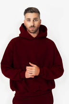 Erkek Düz Spor Ve Günlük Kapşonlu Hoodie Sweatshirt - Bordo - 2