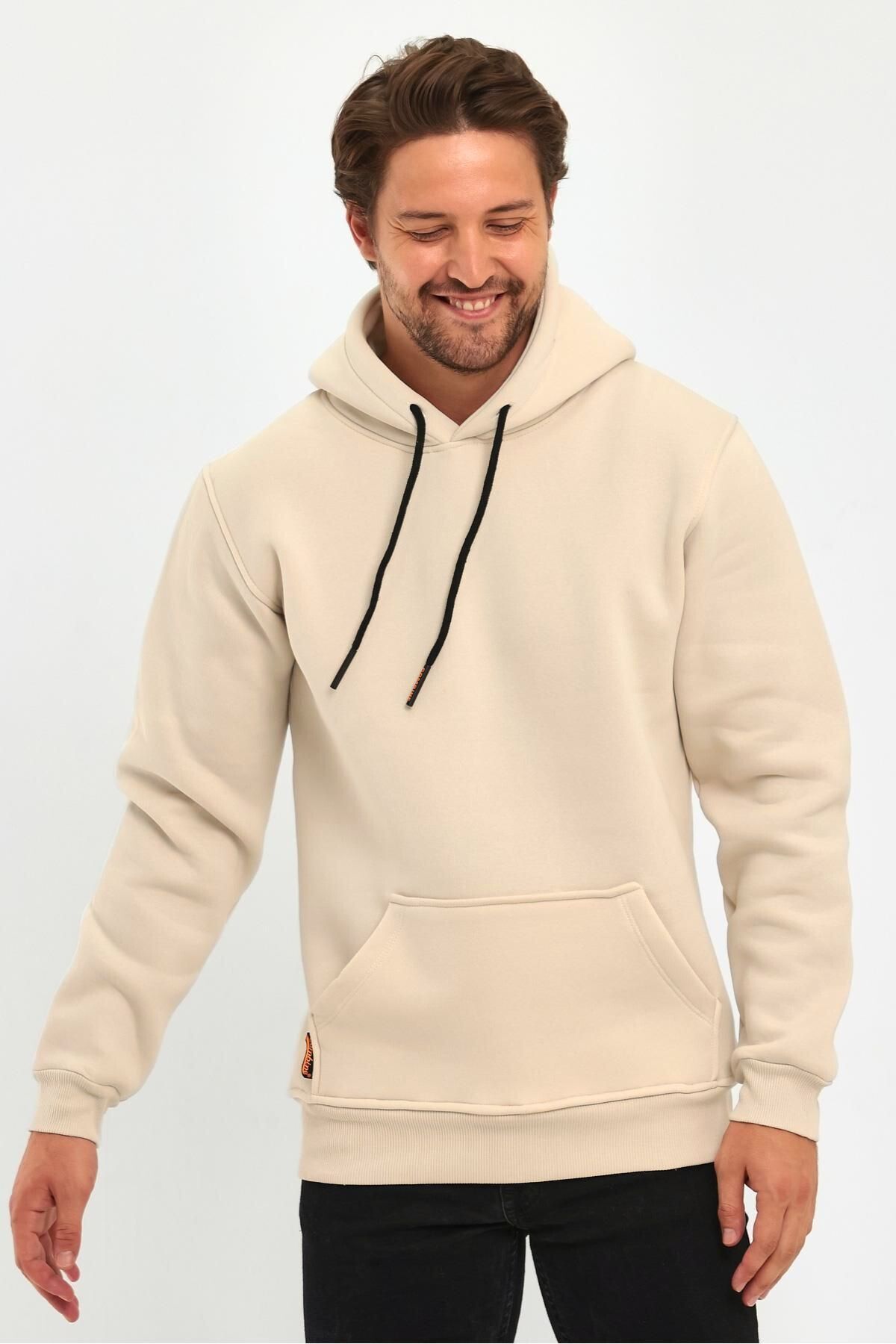 Erkek Kapşonlu Kanguru Cepli̇ 3 İ̇pli̇k Kalin Sweatshi̇rt - Bej - 4