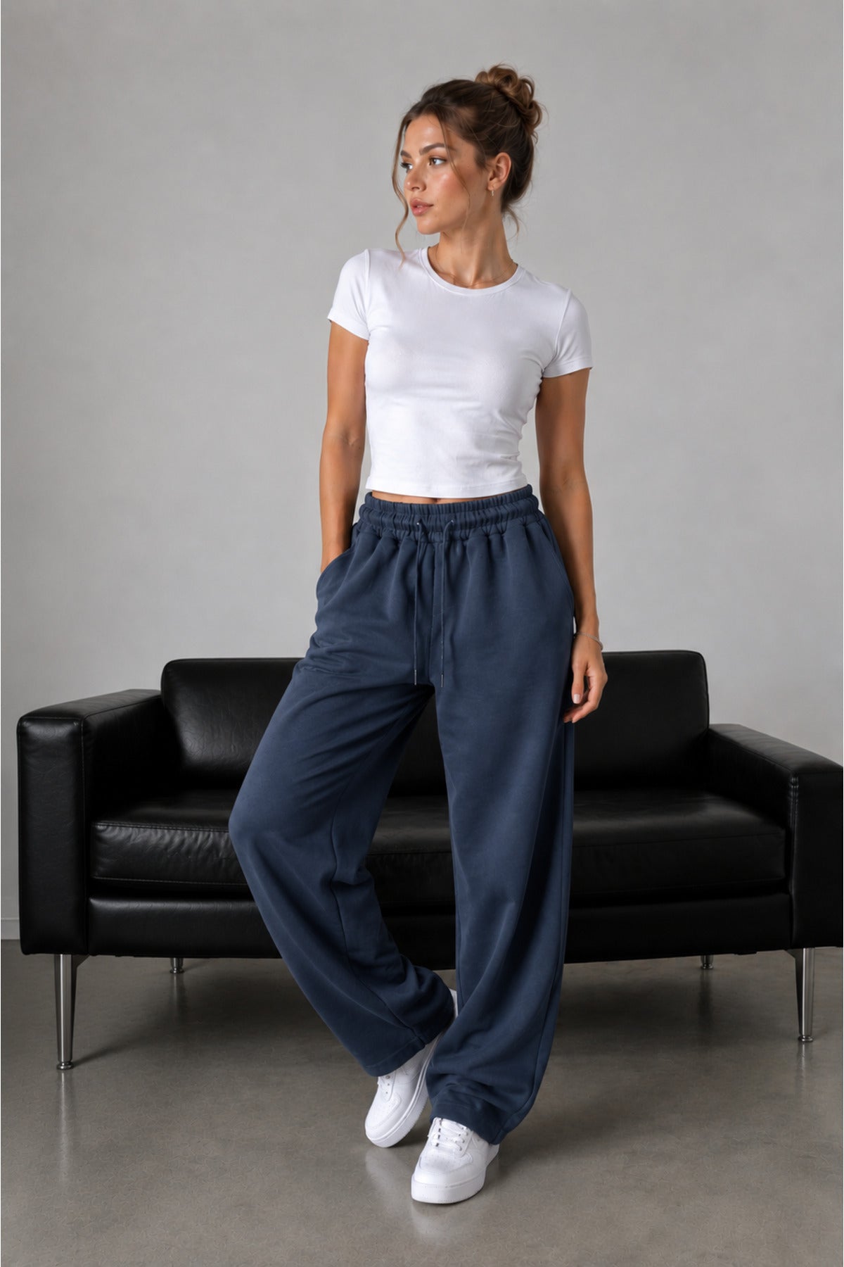 Kadın Günlük Spor Geniş Paça Oversize Eşofman Altı - Füme - 2