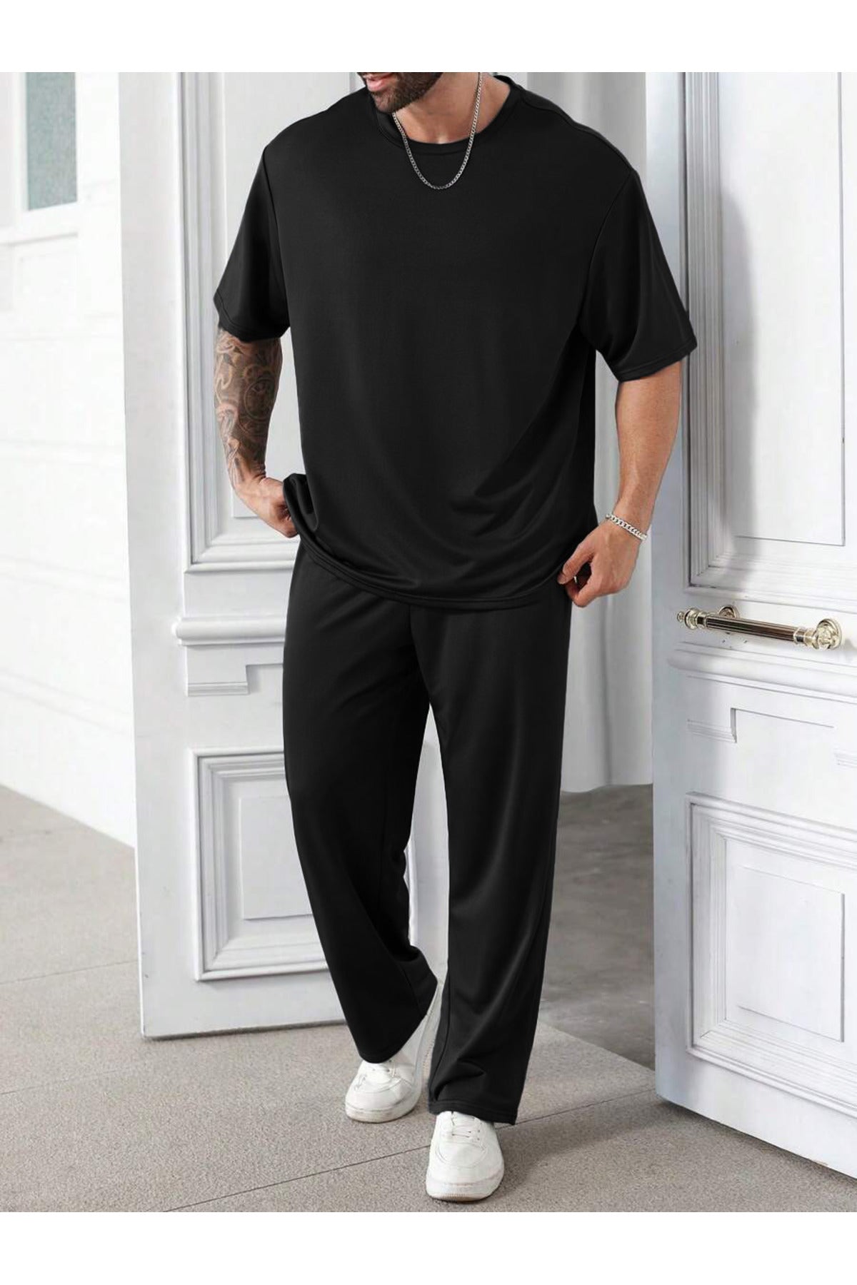 Erkek Bisiklet Yaka Pijama Takımı - Siyah - 3