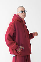 Erkek Bol Kesim Oversize 3 İplik İçi Pamuklu Şardonlu Kanguru Cep Kapşonlu Kışlık Hoodie Sweatshirt - Mürdüm Melanj - 3