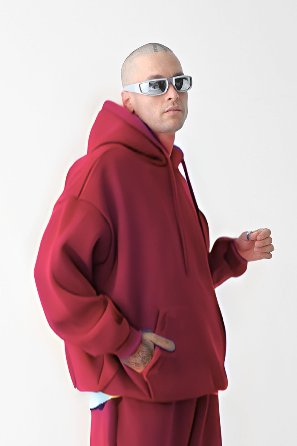Erkek Bol Kesim Oversize 3 İplik İçi Pamuklu Şardonlu Kanguru Cep Kapşonlu Kışlık Hoodie Sweatshirt - Mürdüm Melanj - 3