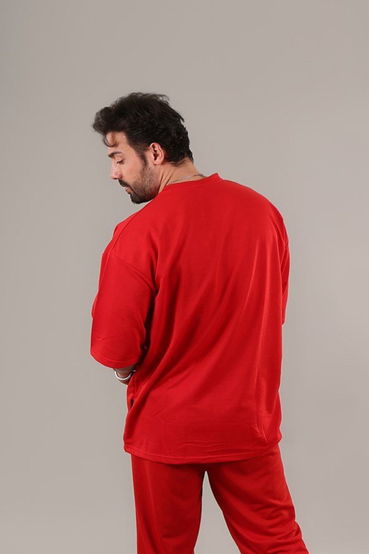 Erkek Oversize Comfort Penye T-shirt - Kırmızı - 3