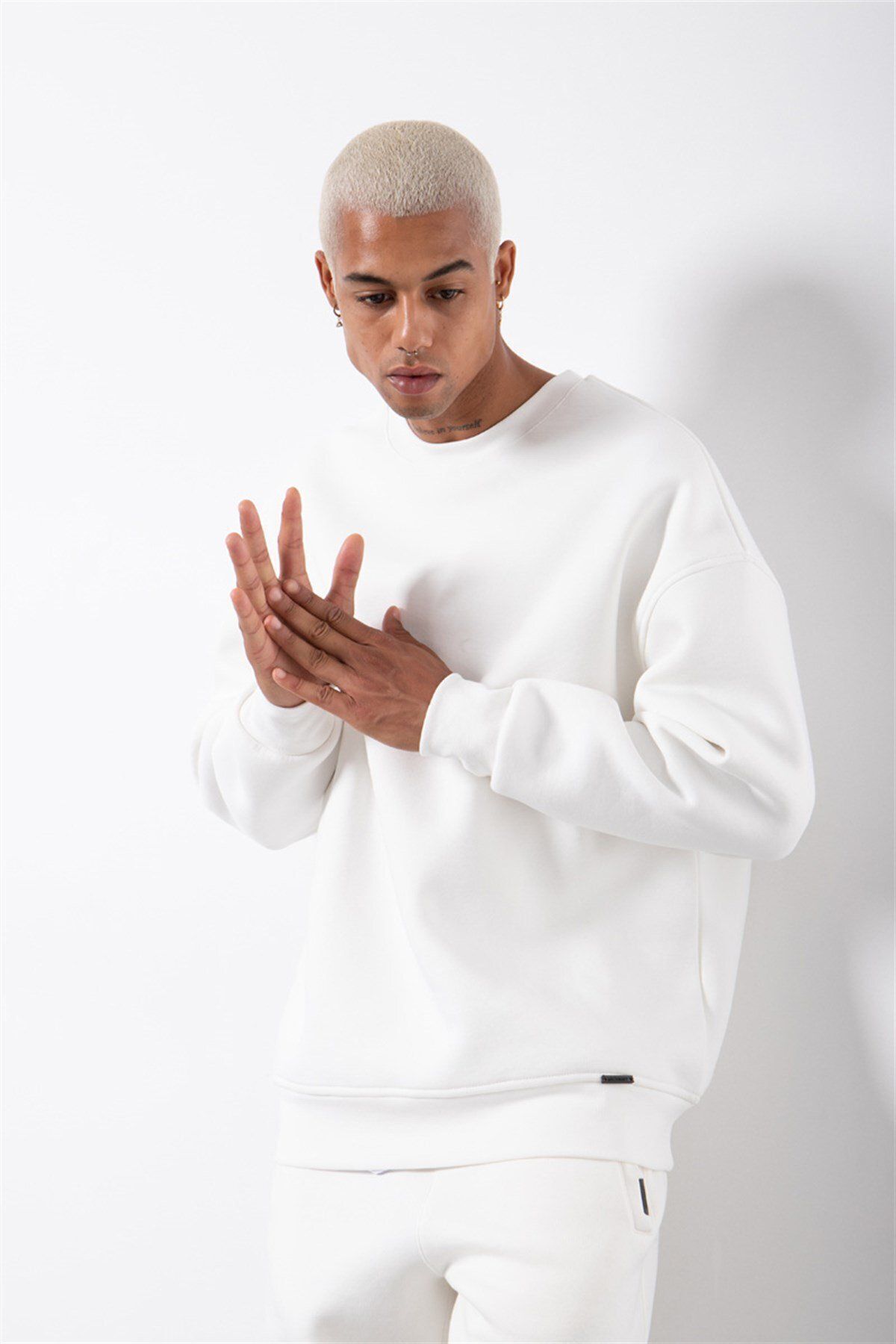 Erkek Bisiklet Yaka Oversize Sweatshirt - Beyaz - 4