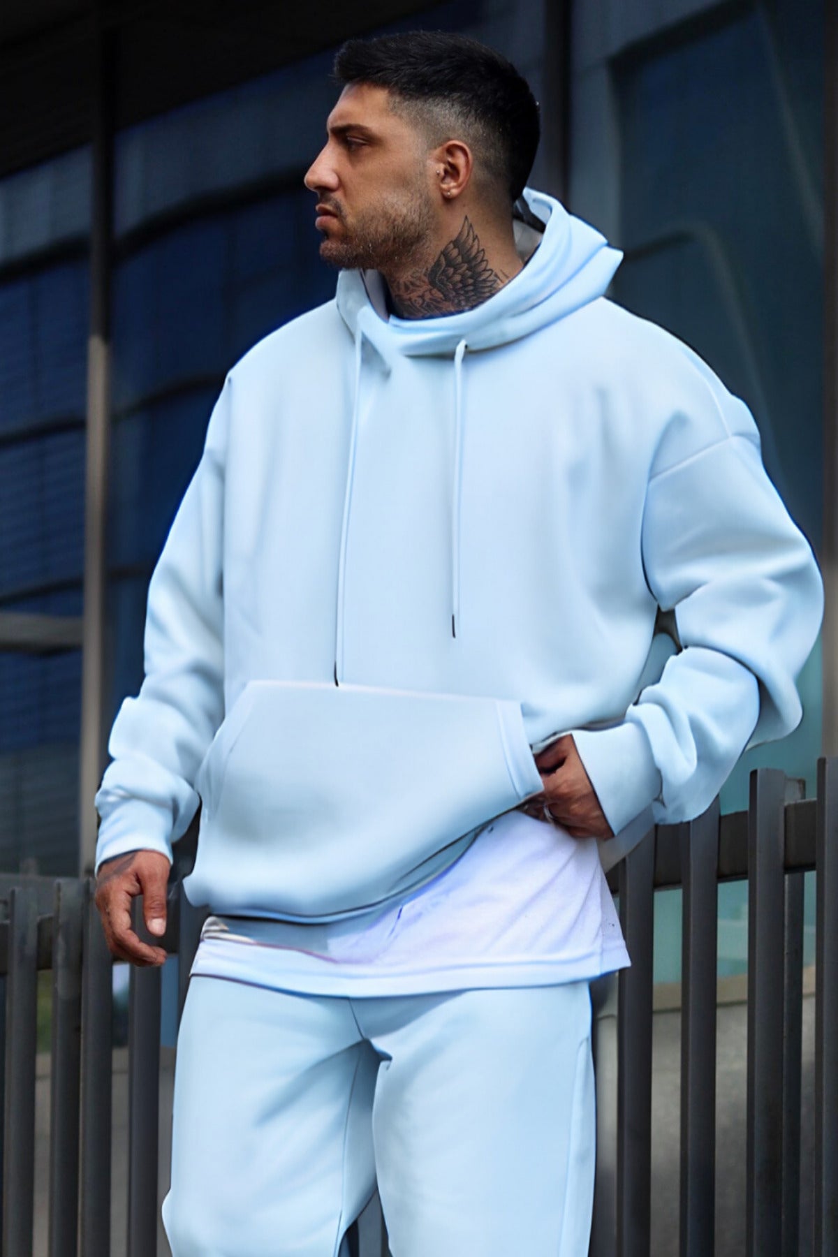 Erkek Oversize 3 İ̇plik Pamuklu Şardonlu Kanguru Cep Kapşonlu Kalın Hoodie Sweatshirt - Bebe Mavi - 3