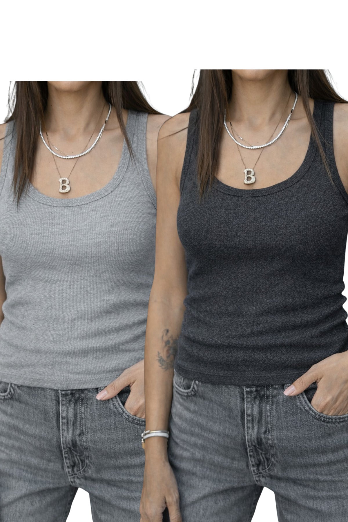 Kadin 2'li̇ Gri̇melanj Ve Antrasi̇tmelanj Fi̇ti̇lli̇ Kalin Askili Esnek Atlet Body - Grimelanj - 2