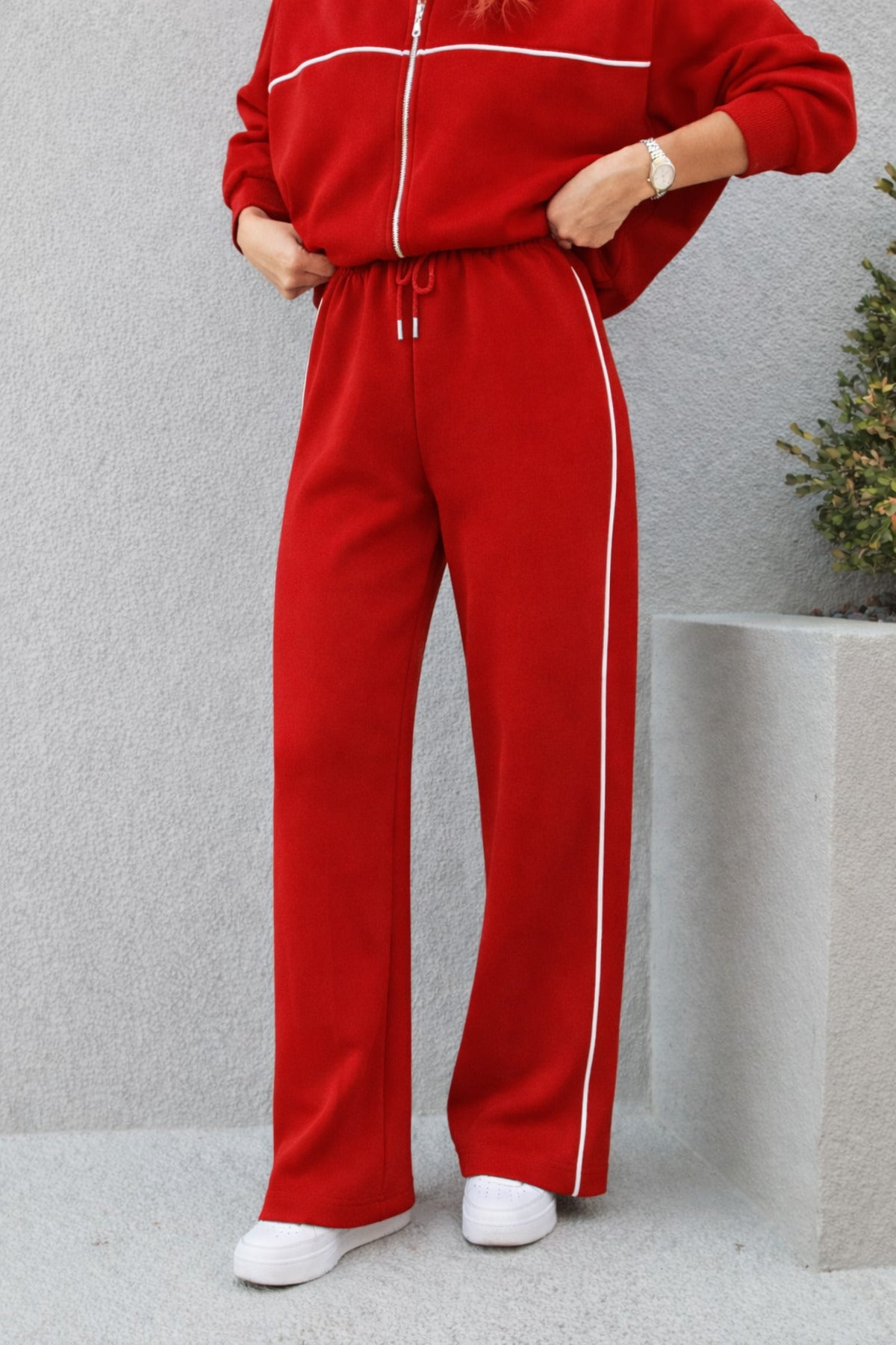 Kadin Premium Bi̇yeli̇ Fermuarli Sweatshi̇rt Bol Paça Eşofman Alt Üst Takim - Kırmızı - 3