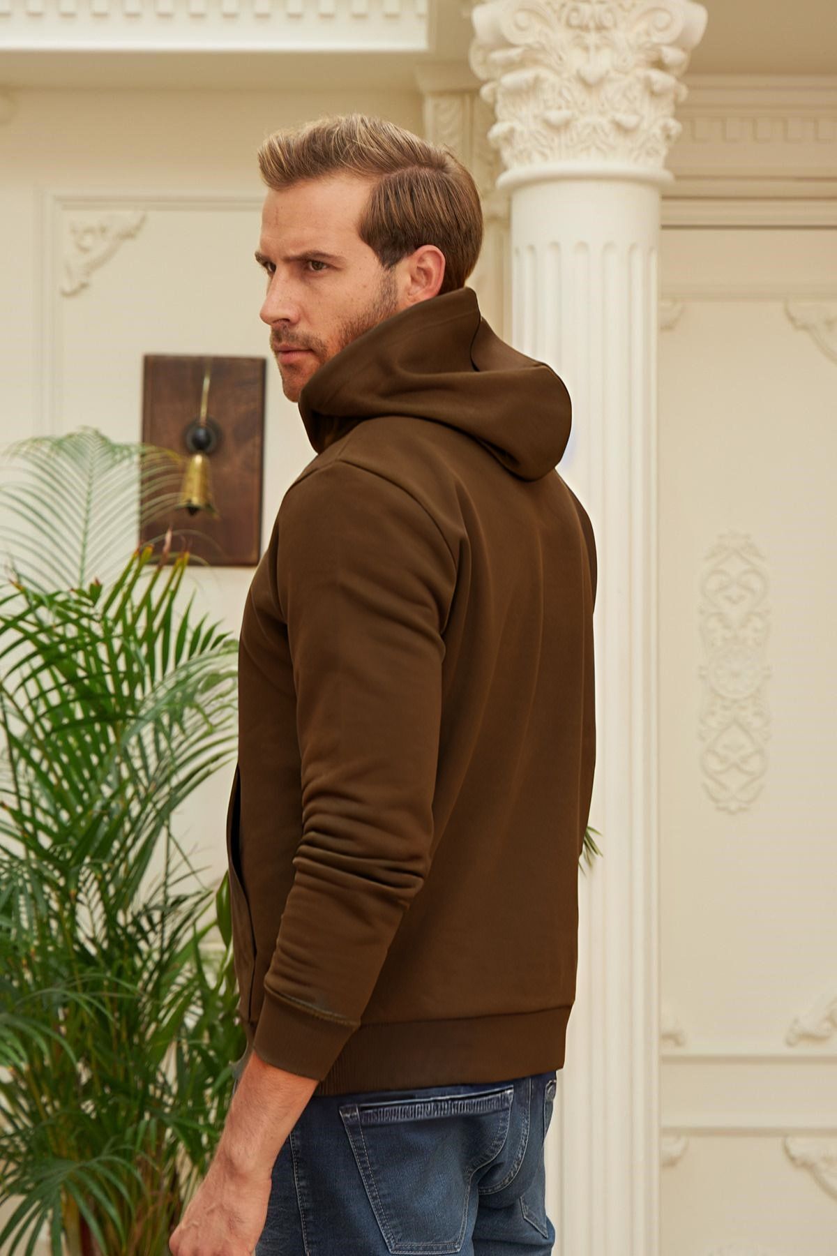 Erkek Kapşonlu Kanguru Cep Basic Sweatshirt - Kahverengi - 5