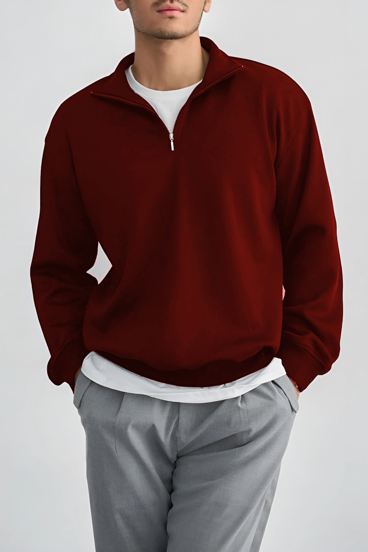 Erkek Dik Yaka Fermuarlı Sweatshirt 3 İplik Puf - Bordo - 2