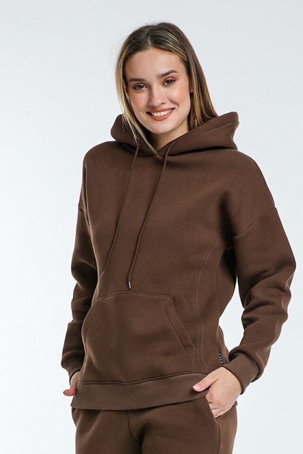 Kadın Rahat Kalıp Günlük Kapşonlu Sweatshirt - Kahverengi - 1