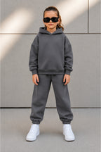 Çocuk Unisex Oversize Süper Yüksek Bel Paçası Lastikli Kapüşonlu Beli Bağlamalı Eşofman Takımı - Füme - 4
