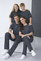Unisex Kisa Kollu Modal 2 İ̇pli̇k Bisiklet Yaka Oversize Yazlik Ai̇le Kombi̇ni̇ (tekli̇) - Antasit Melanj - 4