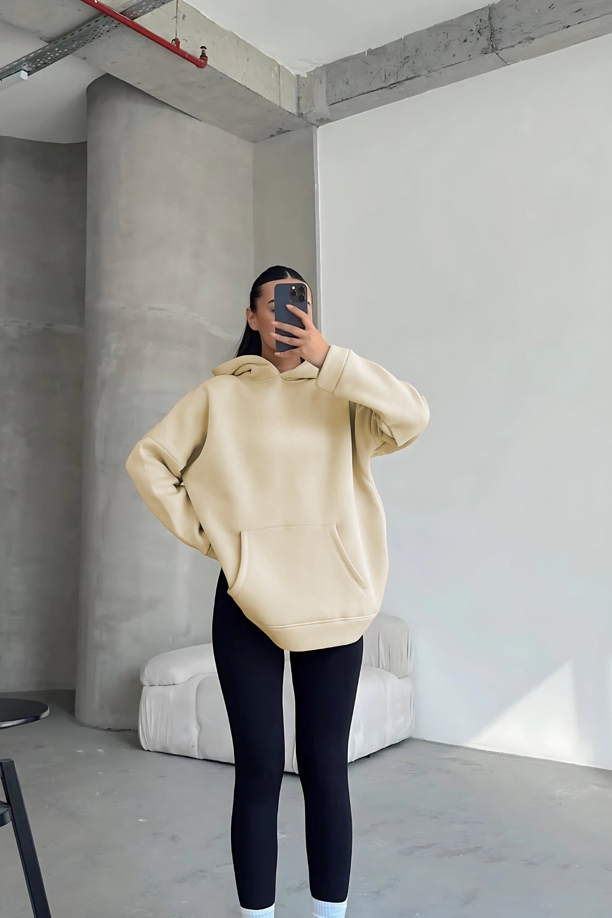 Kadın Kapşonlu Sweatshirt - Krem - 1