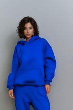 Kadın Rahat Kesim Oversize 3 İ̇plik Pamuklu Şardonlu Kanguru Cep Kapşonlu Hoodie Sweatshirt - Saks Mavisi - 1