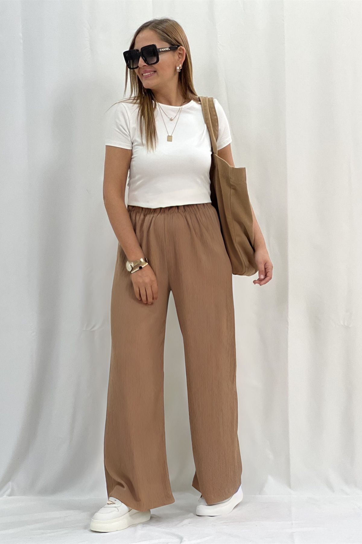 Kadın Camel Dokulu Salaş Yazlık Esnek Palazzo Pantolon - CAMEL - 1