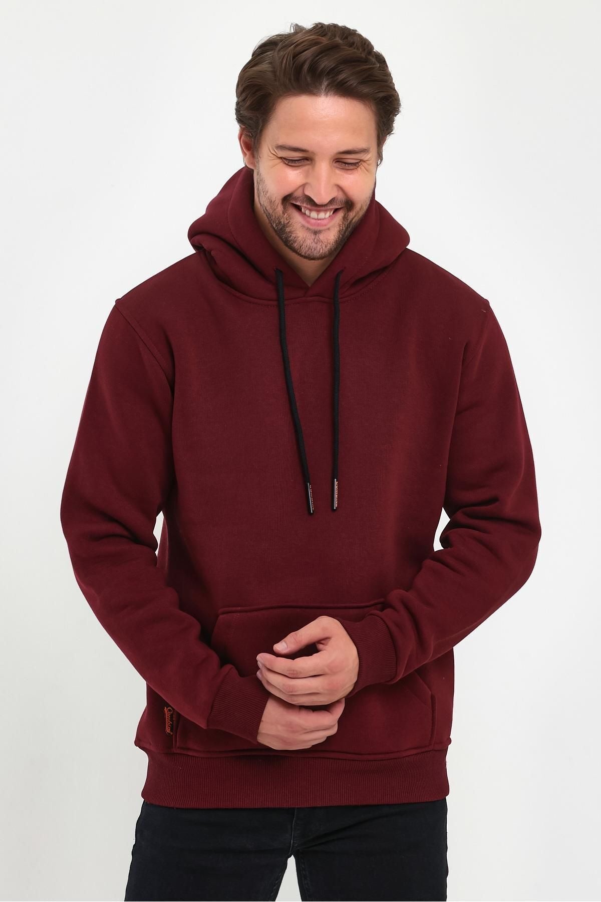 Erkek Kapşonlu Kanguru Cepli̇ 3 İ̇pli̇k Kalin Sweatshi̇rt - Bordo - 6