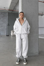 Kadin 3 İ̇pli̇k Oversi̇ze Fermuarli Sweatshi̇rt Hirka Eşofman Takimi - Beyaz - 1