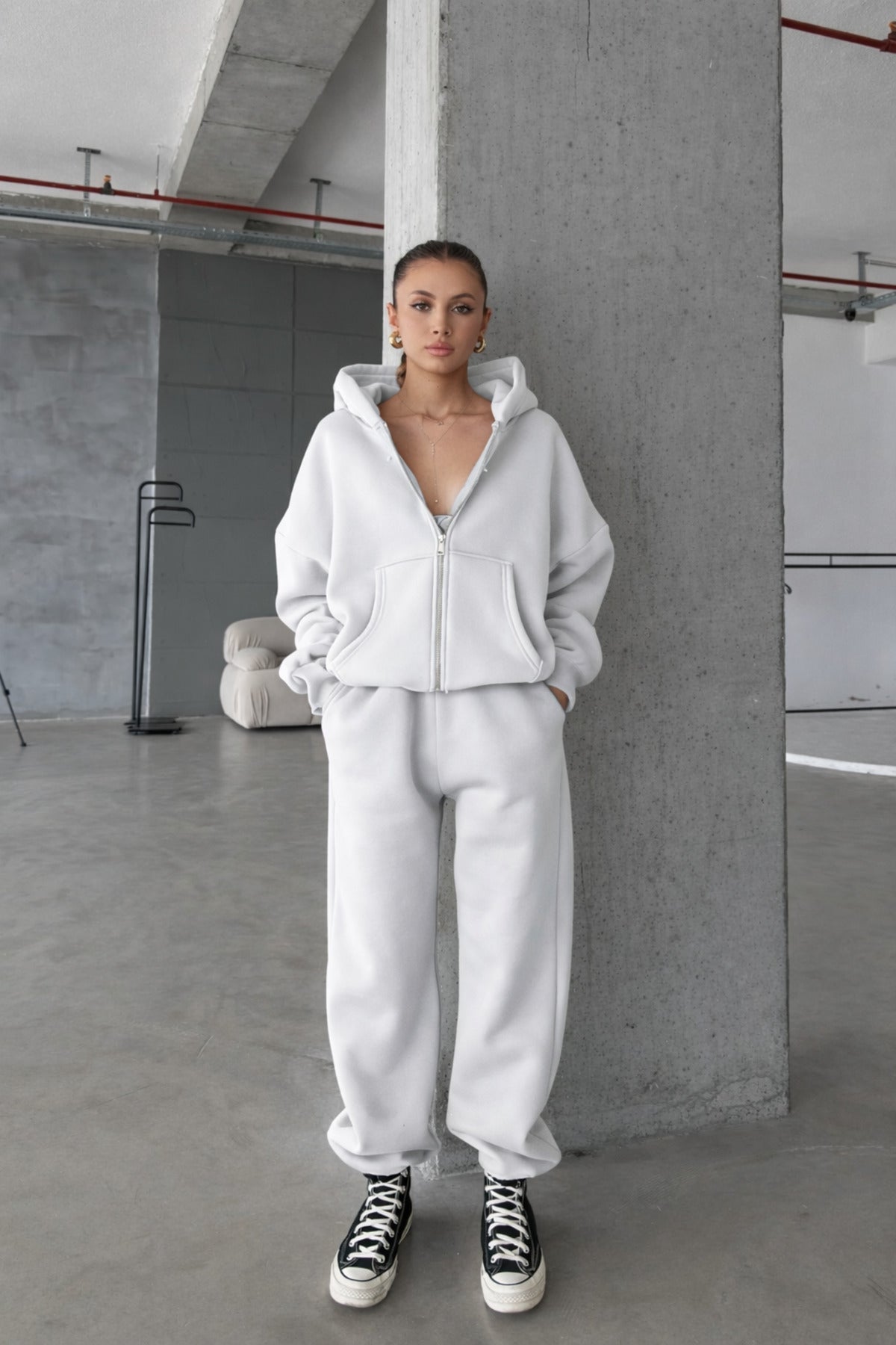 Kadin 3 İ̇pli̇k Oversi̇ze Fermuarli Sweatshi̇rt Hirka Eşofman Takimi - Beyaz - 1
