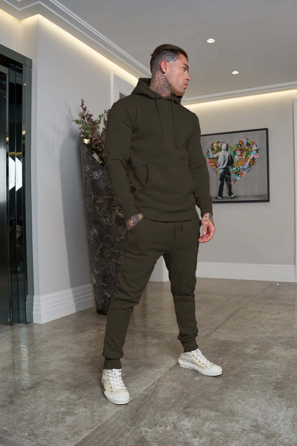 Erkek 3 İ̇plik İ̇çi Pamuklu Bol Basic Jogger Paçası Lastikli Eşofman Takımı - Haki - 3