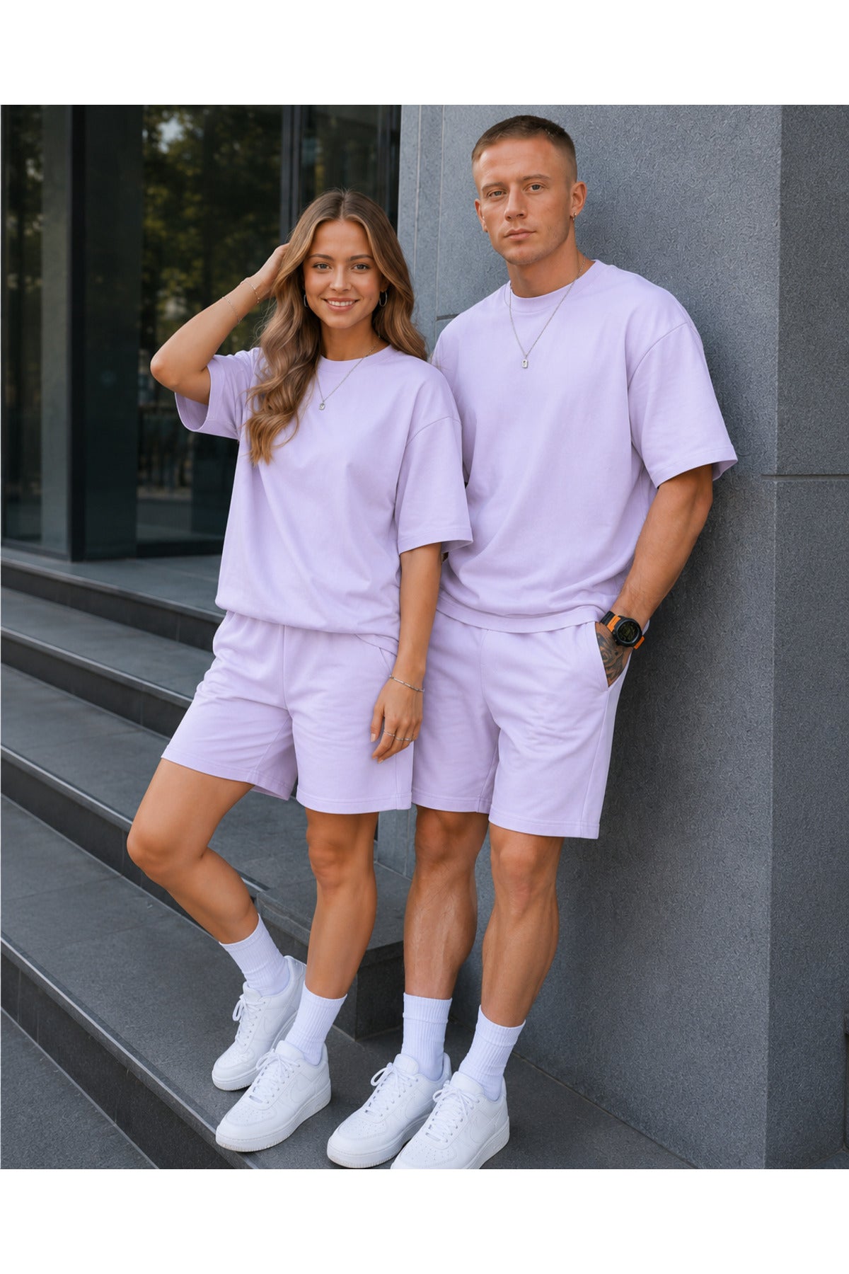 Unisex Kadın Erkek Oversize 2 İ̇plik Pamuklu Modal Penye Premium Rahat Kalıp Yazlık Yeni Sezon Şortlu Takım (tekli̇) - Lila - 4