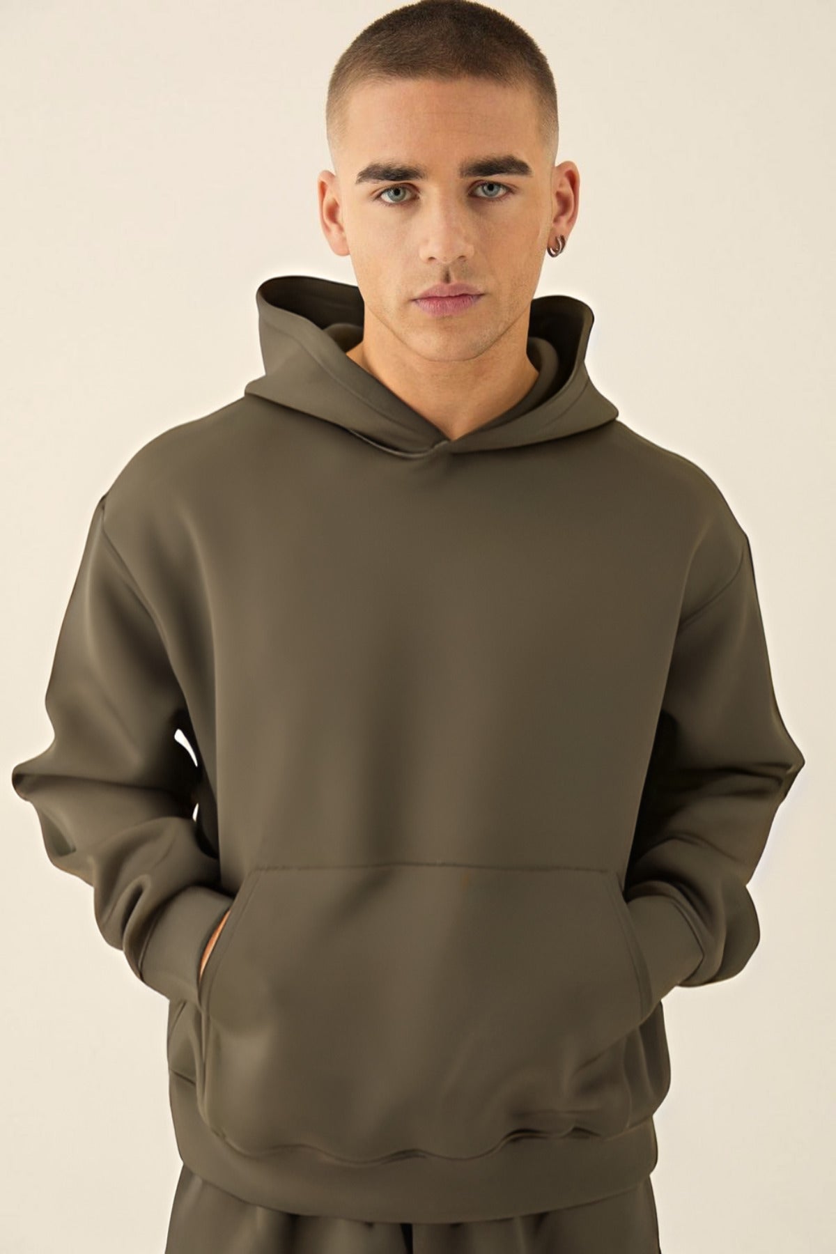 Erkek Kapüşonlu Kanguru Cep Oversize 3 İ̇plik İ̇çi Pamuklu Jogger Paça Eşofman Takımı - Haki - 2