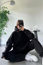 Kadın Oversize Trend Model Kanguru Cep Kapşonlu Sweatshirt Eşofman Takımı - Siyah - 6