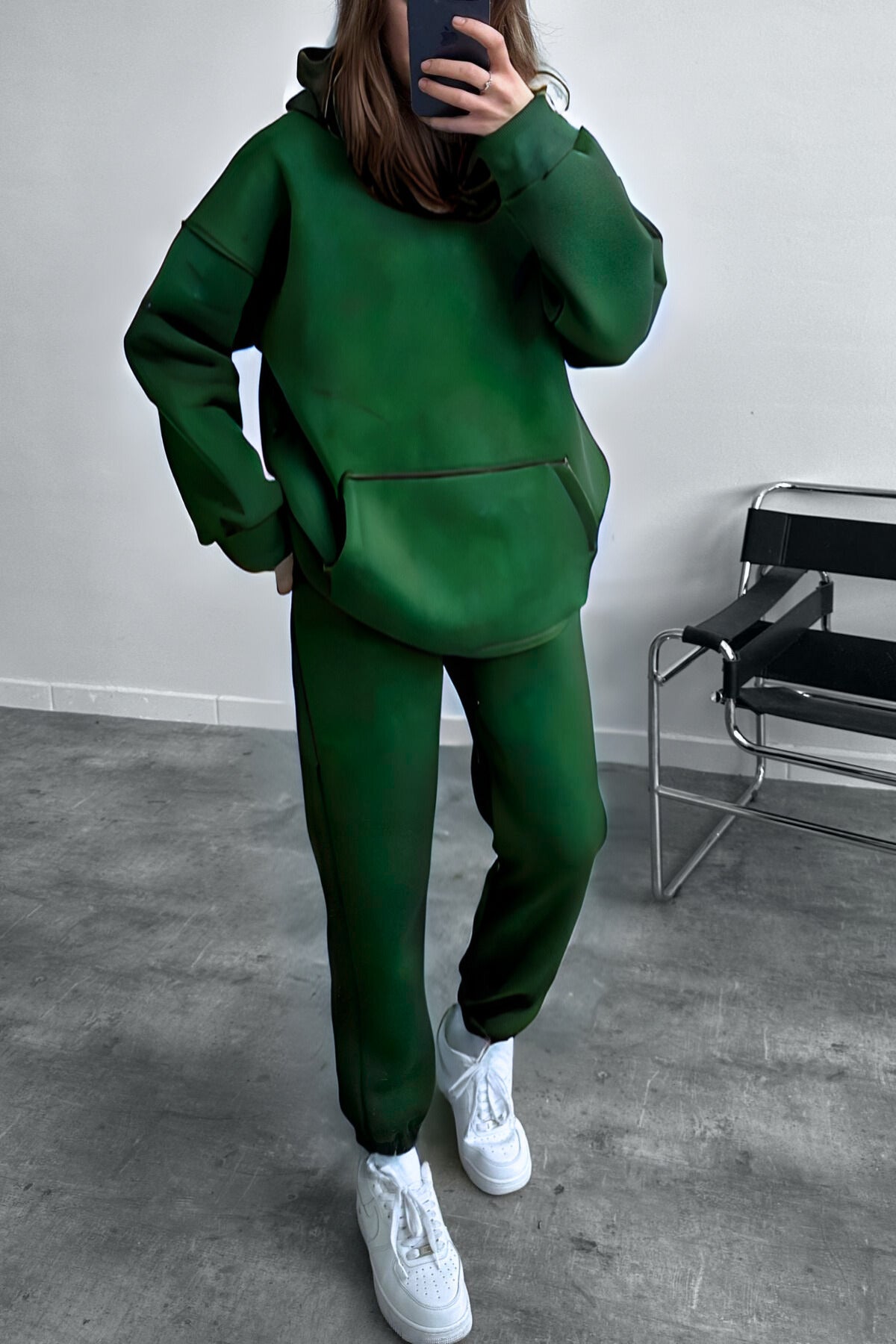 Kadın Oversize Trend Model Kanguru Cep Kapşonlu Sweatshirt Eşofman Takımı - Koyu Yeşil - 1
