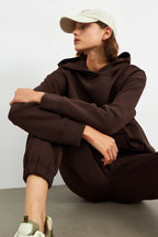 Kadın Yumuşak Kumaş Geniş Kalıp Hoodie Sweatshirt - Kahverengi - 2