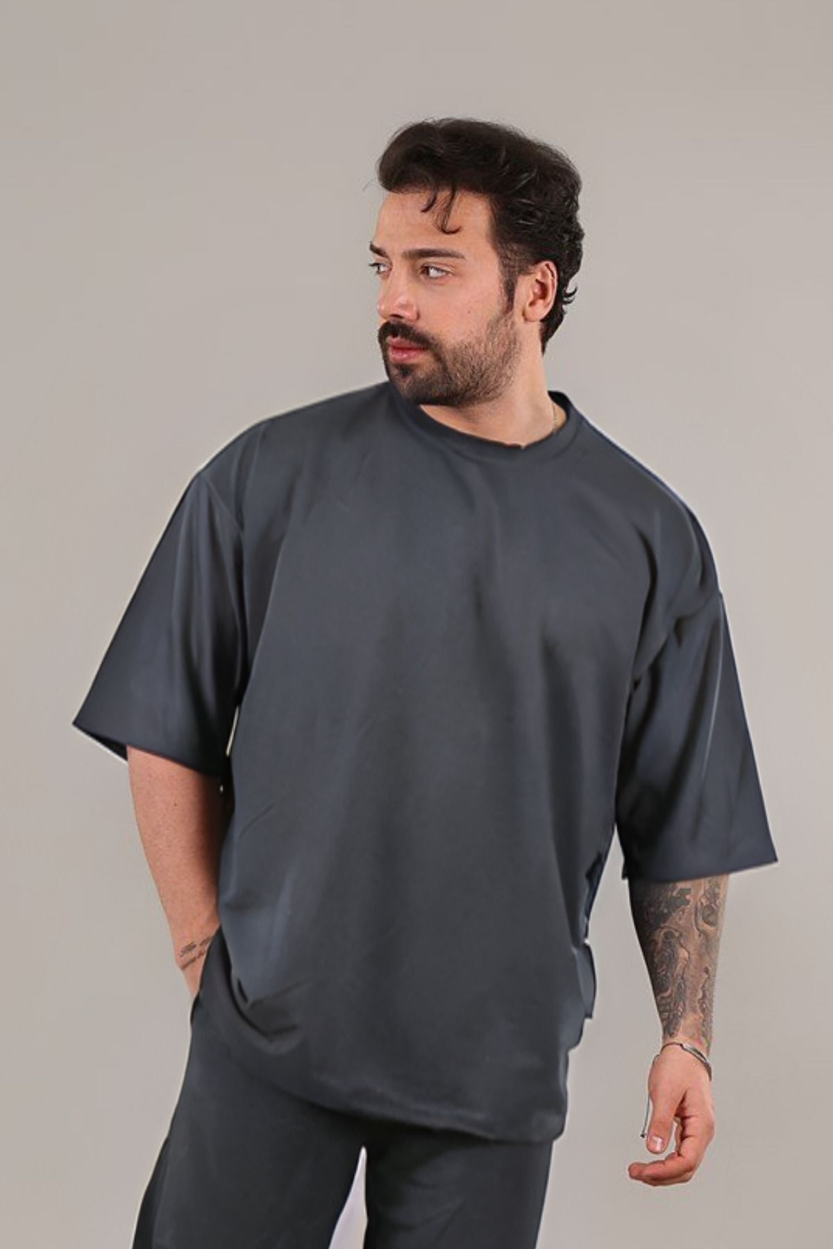 Erkek Oversize Comfort Penye T-shirt - Füme - 1