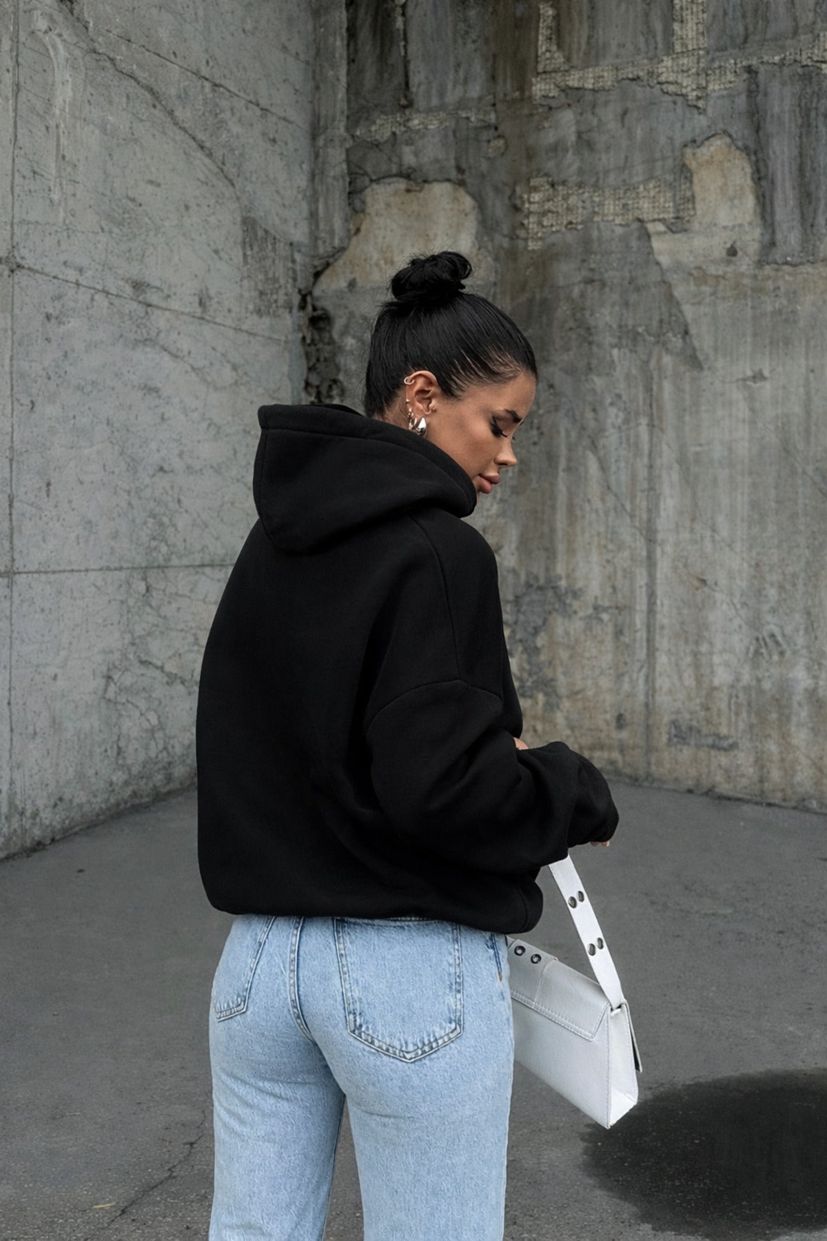 Kadin Si̇yah 3 İ̇pli̇k Oversi̇ze Rahat Günlük Yumuşak Kapüşonlu Sweatshirt - Siyah - 4